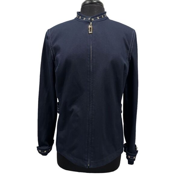 ST John Sport by Marie Gray Navy Blue Zip Front Grommet Trim Sport Coat Jacket - Picture 1 of 16